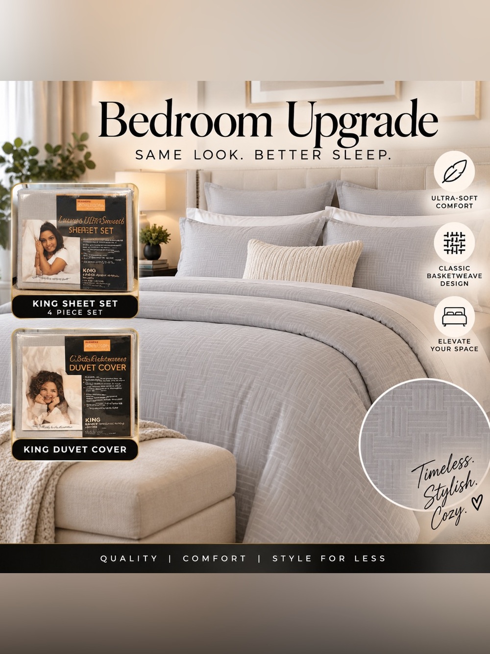 NEW Home Collection Gray King Sheet Set & Duvet Bundle-Smooth Luxurious Bedding